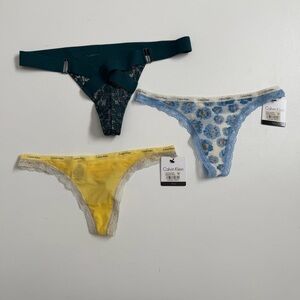Victorias Secret Calvin Klein Thongs Green Yellow Lace Blue Floral Lot 3